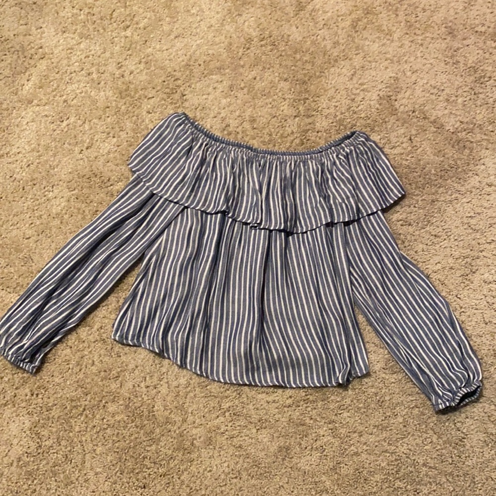 Off the shoulder blue and white striped blouse with ruffle detail
